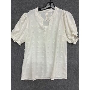 B White Clip Dot Puff Sleeve Blouse Split Neck Textured Top Medium